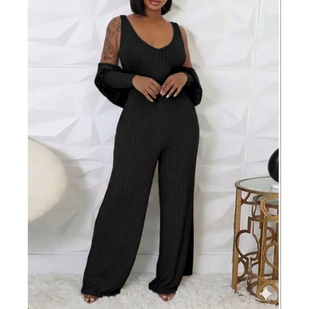 Black Ribbed Wide-Leg Jumpsuit & Bolero Set